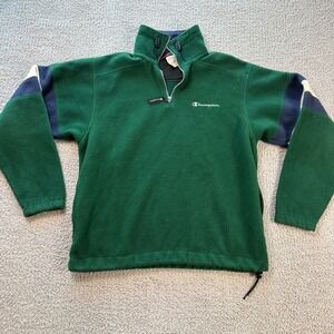 Vintage Champion Green Fleece Quarter Zip Pullover Mens M Gorpcore Striped 90's